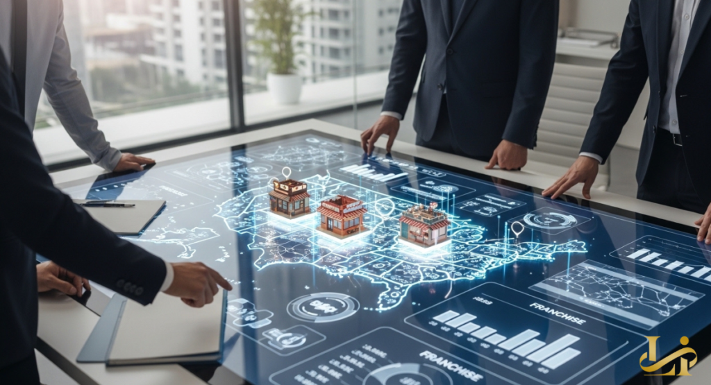 An aerial view of a professional meeting room where executives are reviewing site blueprints and franchise development agreements.