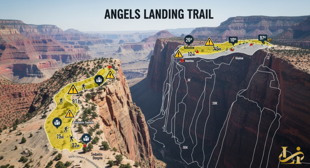 An aerial map of Angels Landing highlights the route in yellow with warning icons and elevation markers along the ridge.