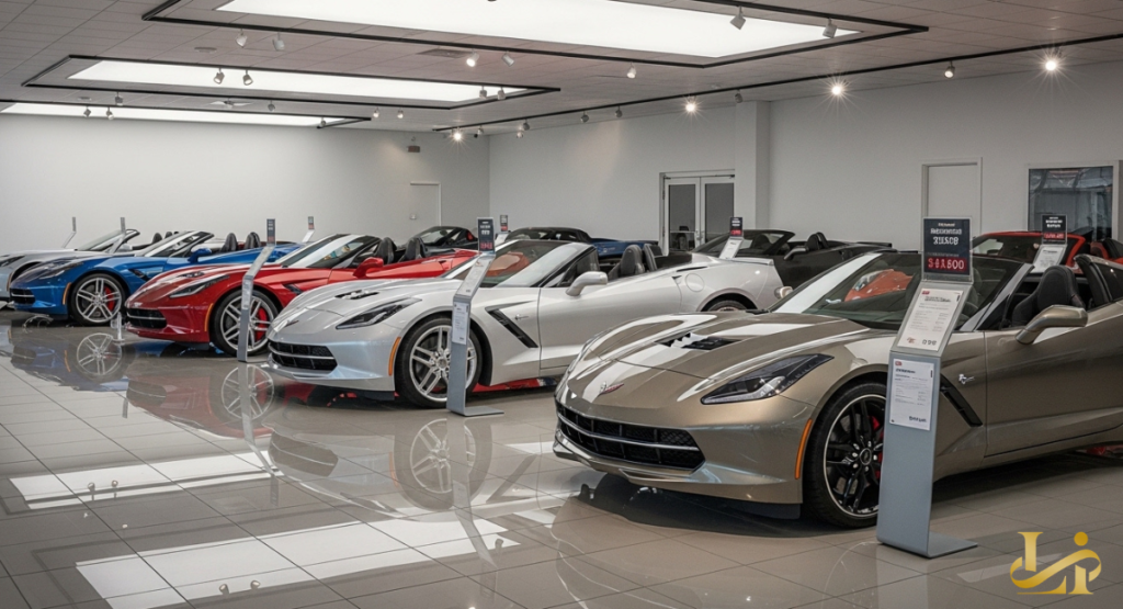 A side-by-side comparison of three different trim packages, ranging from the base model to the track-ready performance edition. Each car is shown in a different color to distinguish the varying equipment levels.