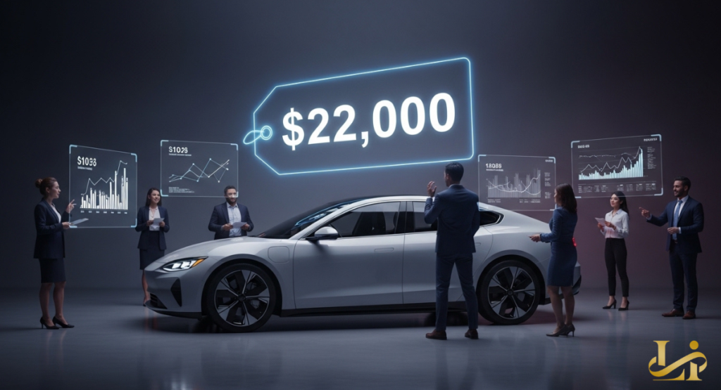 A silver sedan is displayed in a studio while executives analyze holographic charts around a glowing “$22,000” price tag.
The scene highlights how an entry-level luxury EV price undercut rivals and triggered instant demand.