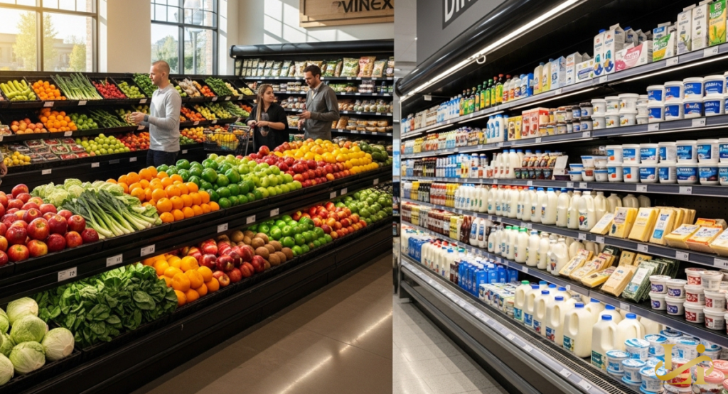 A comparison of fresh produce and dairy sections, featuring high-quality images of organic milk and leafy greens.