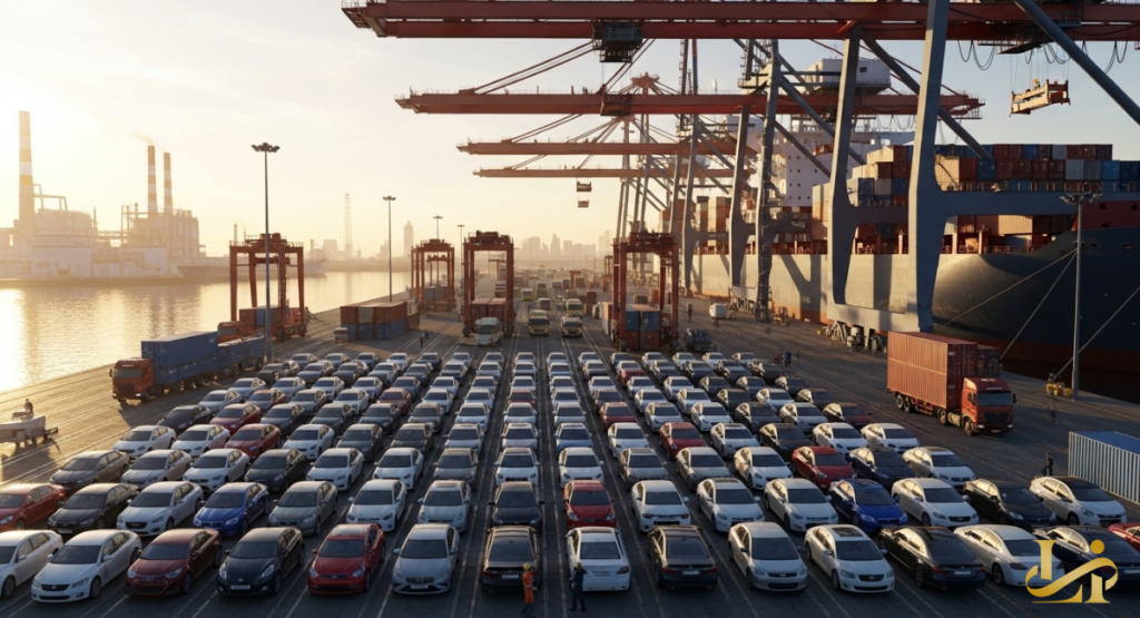 Thousands of new cars parked in perfect rows at a massive shipping port under a hazy sunset.