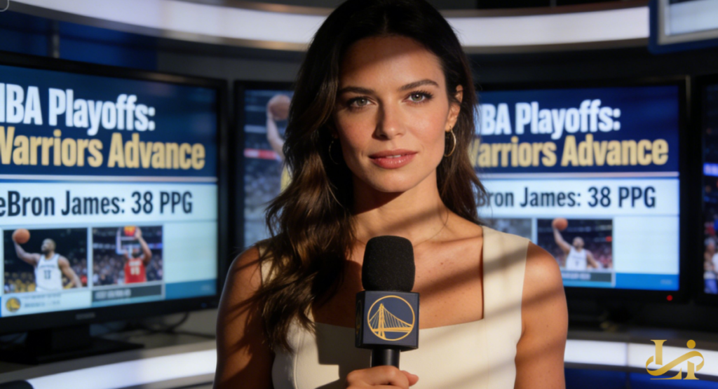 A close-up shot of a sports reporter holding a microphone in front of several large monitors displaying basketball playoff statistics. The screens prominently feature the text "NBA Playoffs: Warriors Advance" and scoring data for star players.