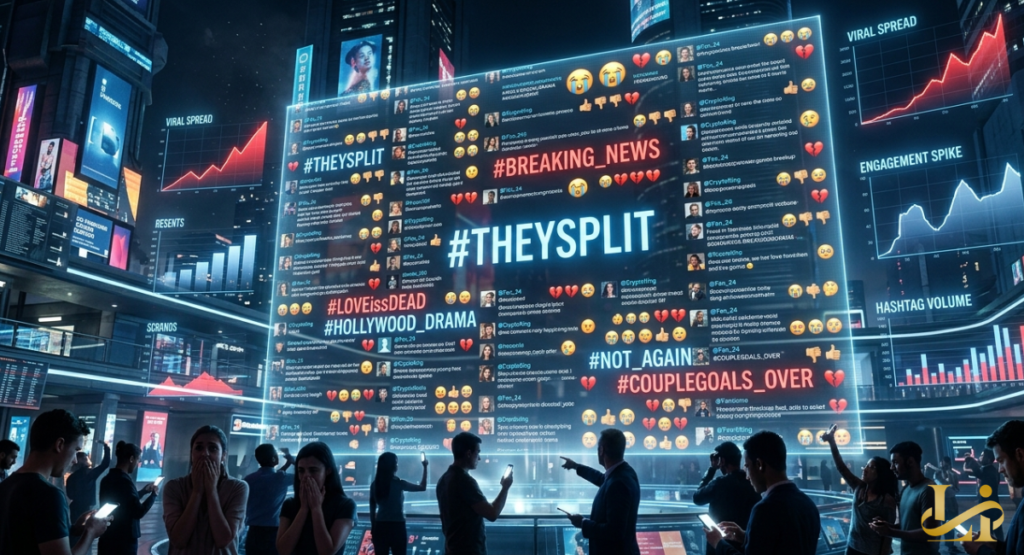 Crowds in Times Square point at a massive digital billboard flashing #THEYSPLIT, #LOVEissDEAD, and crying emojis while viral spread and engagement spike graphs glow overhead.