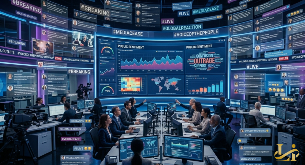 A massive command center with multiple screens showing sentiment graphs, "Breaking News" alerts, and social media feeds.