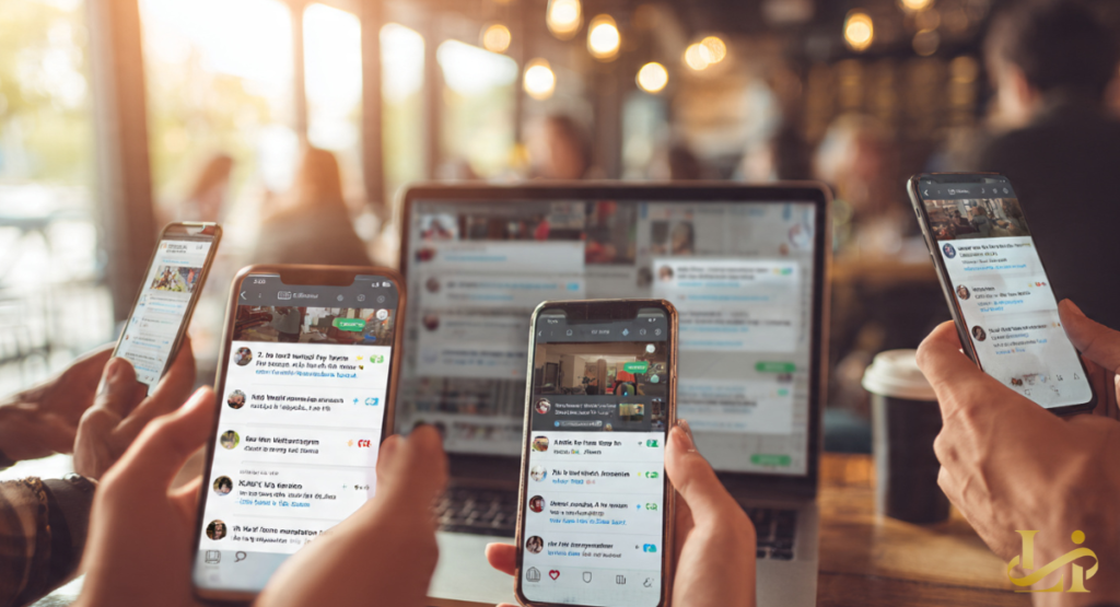 Multiple hands hold smartphones displaying social feeds and comment threads. A laptop in the background shows more posts, capturing online buzz.