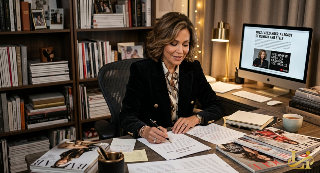 A woman sits at a well-organized desk, focused on writing a document by hand with a fountain pen.