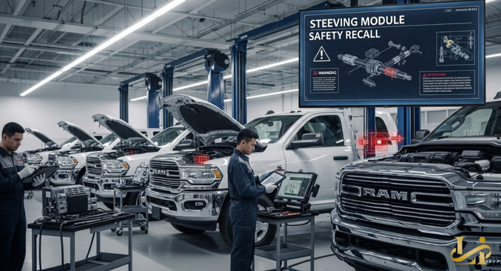 Dealership service bay holds rows of white Ram trucks with hoods open as techs scan modules, beneath a large screen warning “STEERING MODULE SAFETY RECALL.”
