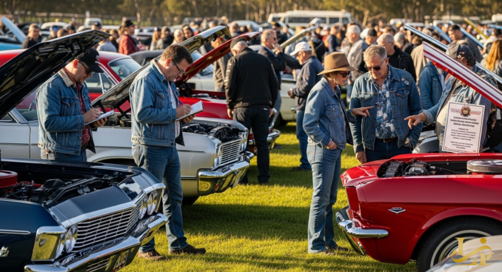 A large group of people gathered at a local car show, standing among rows of polished vintage trucks and sedans.