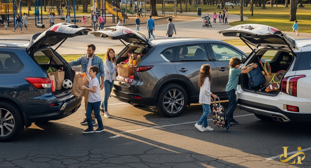 Three SUVs with open tailgates as families load groceries, picnic baskets, and sports gear, kids and parents moving between vehicles in a busy playground lot.