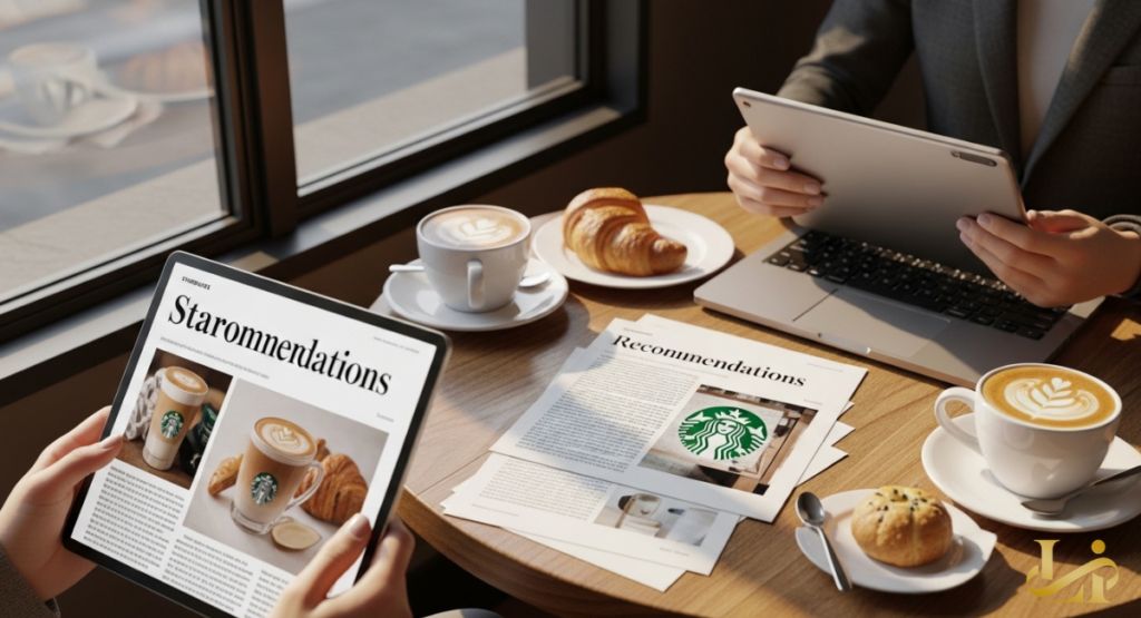 Two people read Starbucks recommendations on a tablet and laptop beside lattes and pastries. Printed pages with the green logo and a croissant rest on a round wooden table by the window.
