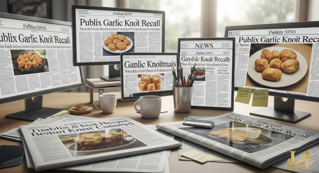 A collection of digital tablets and physical newspapers spread across a table, all featuring headlines about a bakery product safety alert. Pictures of golden-brown bread knots are visible on several of the screens.