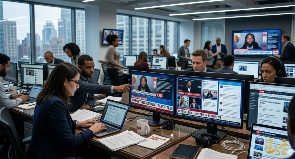 Journalists work at desks with multiple monitors displaying breaking news graphics and video feeds. A large screen in the background shows a broadcast about an incident as staff collaborate.