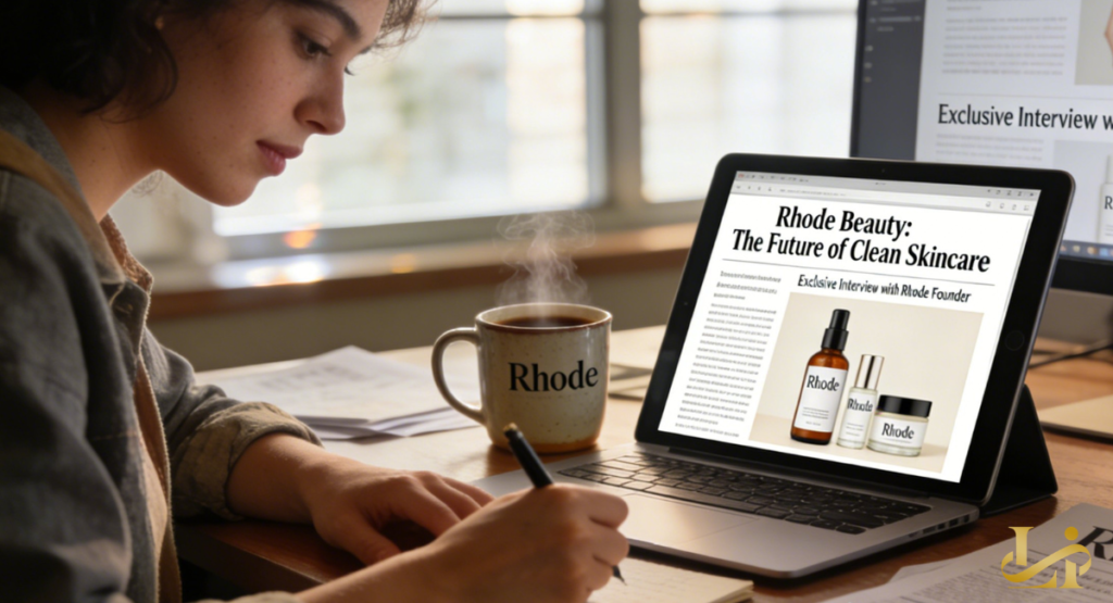 A person takes notes beside a steaming mug while reading an online feature on a tablet. The screen shows a beauty story headline and product images against a clean layout.