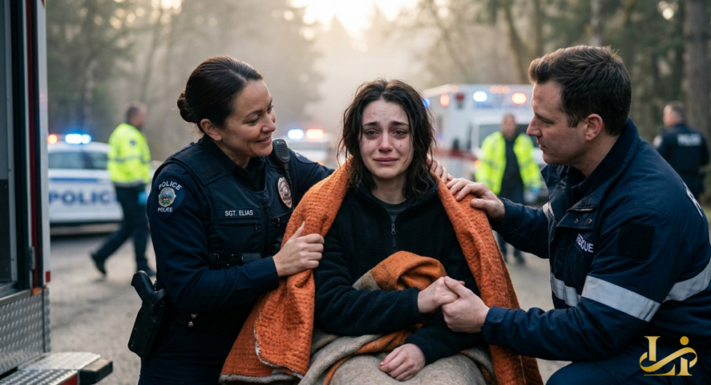 Tearful young woman wrapped in an orange blanket is comforted by two officers beside an ambulance as first responders provide aid in the early morning light.