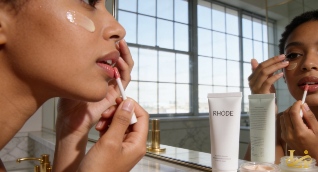 A person applies lip gloss and has an under-eye patch while looking into a bathroom mirror. A white tube stands on the counter as natural light pours through grid windows.