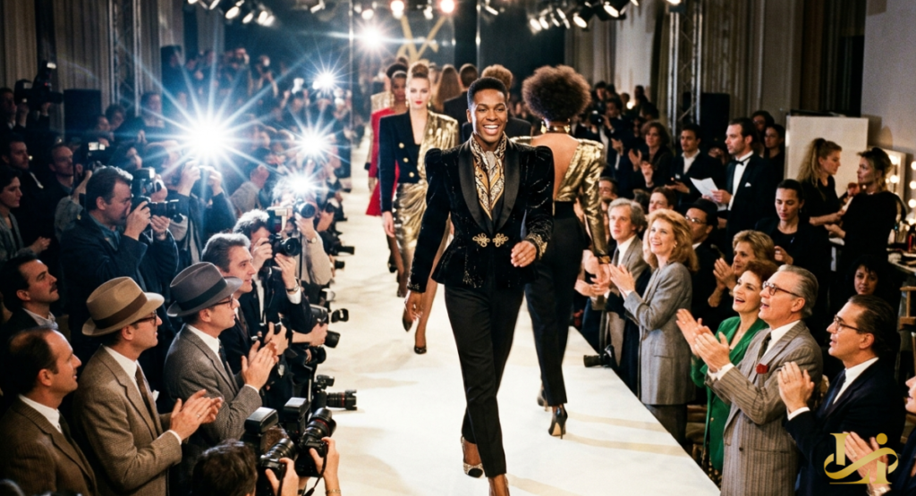 A young fashion figure struts down a crowded runway during a vintage-era high fashion show.