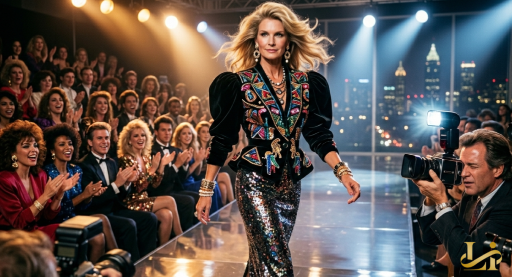 A high-fashion model walks down a brightly lit runway in a sequined skirt and ornate velvet jacket while photographers capture the moment.