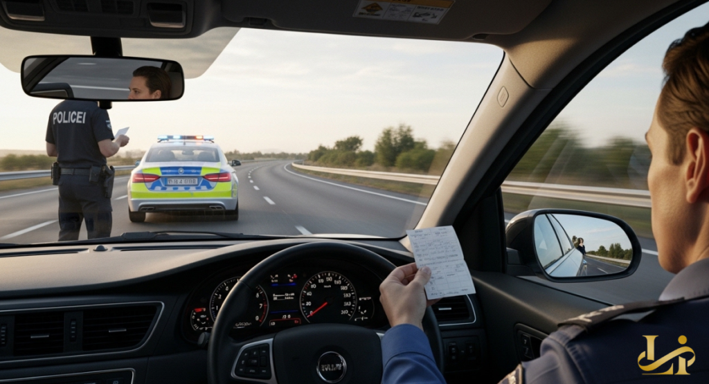 An interior view from a driver's perspective shows a police officer standing next to a stopped vehicle on a highway during a traffic enforcement stop.