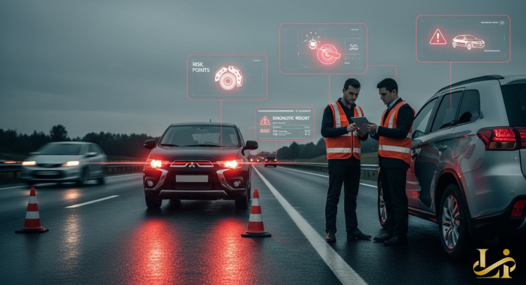 Roadside technicians in safety vests review a diagnostic report next to a Mitsubishi SUV on a wet highway while floating icons warn of brake system and component failure risks.