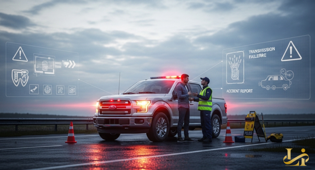 river speaks with a roadside assistance worker next to a silver F-150 stopped on a highway, with digital icons warning of sudden gear failure and accident reports.