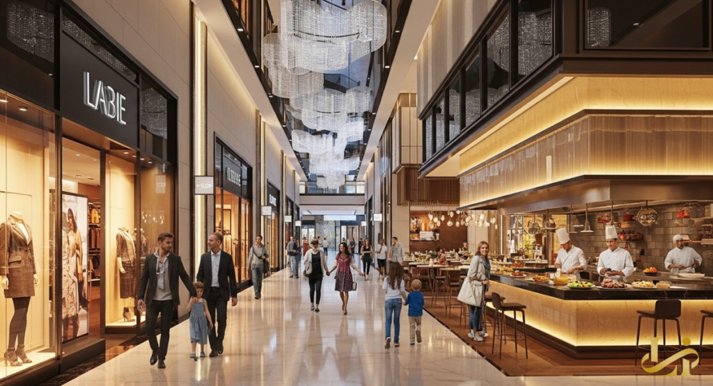 A bright and airy interior corridor featuring high-end luxury boutiques and a diverse food court with international cuisine options.