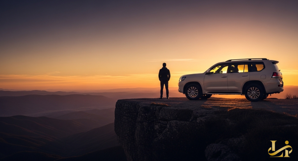 A person standing next to an SUV on a high cliff edge overlooking a mountain range at sunset.