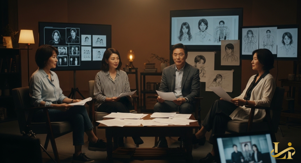 Showrunner Lee Sung Jin sits with three cast members around a low table covered in scripts and character sketches.