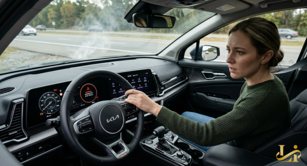 A concerned woman grips the wheel of a Kia SUV as a red dashboard warning glows and smoke appears through the windshield.