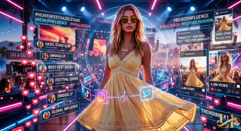 A digital interface overlays an image of a celebrity in a yellow dress, showing heart icons and social media notifications. This visual highlights the massive Hailey Bieber influence on global fashion trends.