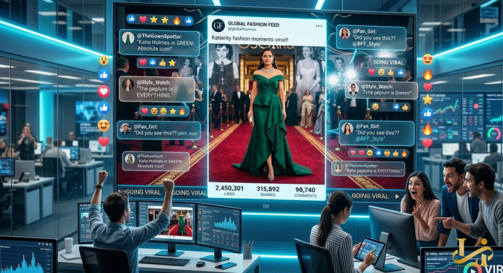 A photograph of a media office where a large screen displays a viral graphic of Katie Holmes on a red carpet.