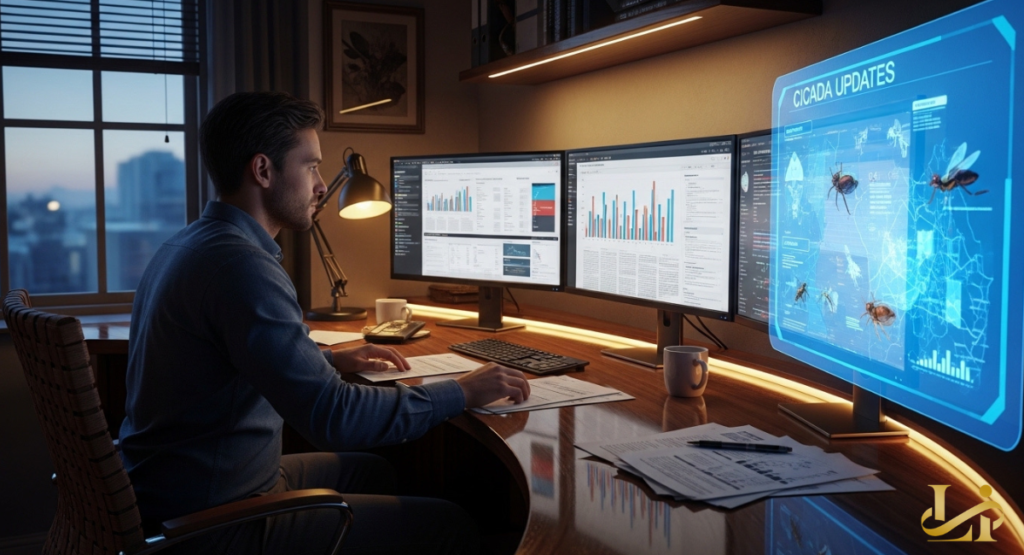 A person reviews charts on multiple monitors in a dim office at dusk. A side screen labeled “CICADA UPDATES” shows insect graphics and maps.
