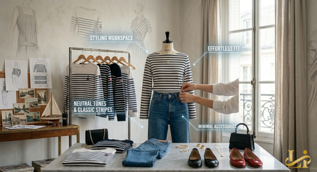 Hands adjust a striped top and high-rise jeans on a mannequin in a styling workspace, surrounded by ballet flats, gold jewelry, and a black mini bag on a marble table.
