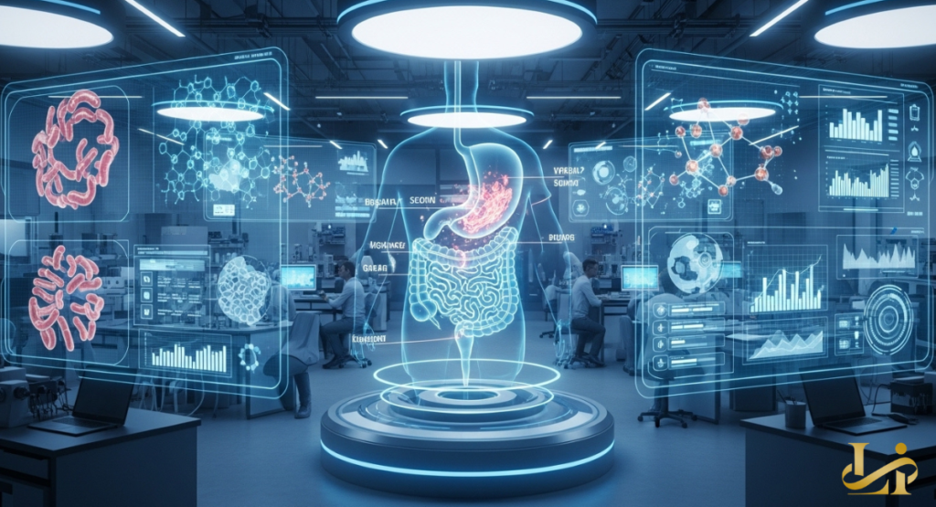 Futuristic lab with holographic gut models and data screens displays molecular structures, microbial growth charts, and global research timelines around a central digestive system projection.