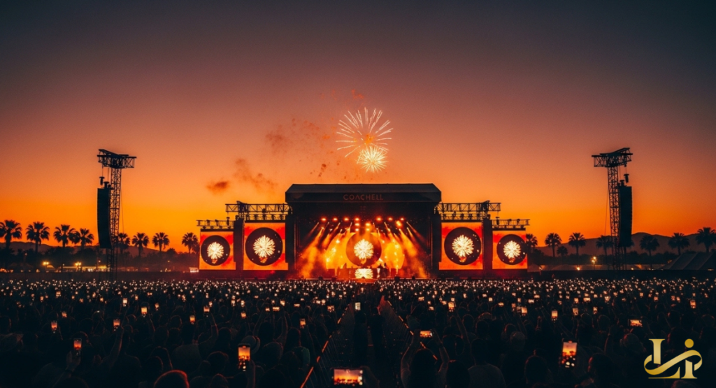 The silhouette of a performer stands against a backdrop of massive LED screens displaying abstract golden patterns. Pyrotechnics explode over the stage during the final song of the night.