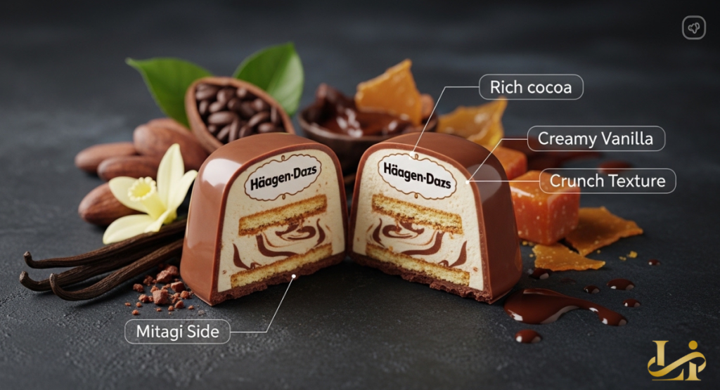 Sliced mini bar reveals swirled vanilla, chocolate, and biscuit layers beside cocoa beans, vanilla pods, and caramel