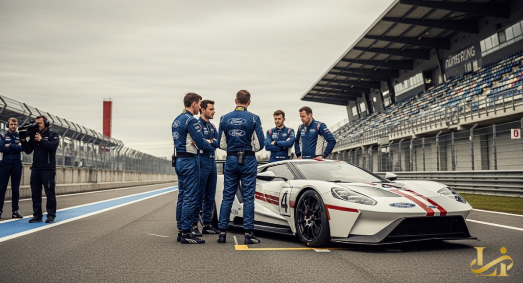 A wide group portrait of five drivers standing in a tight circle on the main straight of a modern circuit like Spa-Francorchamps, wearing identical navy blue Ford-branded racing suits. A cameraman films them in the foreground, with a large, multi-story modern grandstand and 'SPA' signage in the background.