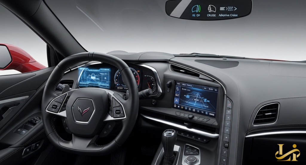 A digital interface display showing a 360-degree bird's-eye view of the vehicle and various active safety icons.