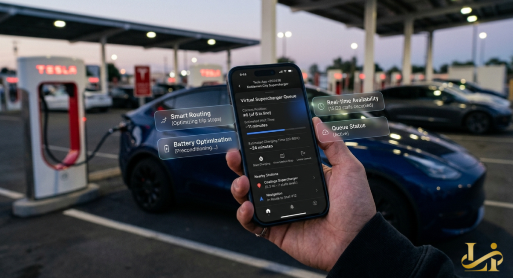 Hand holding phone showing Tesla app with Virtual Supercharger Queue screen. Tesla Superchargers and blue Model Y visible at dusk charging station.