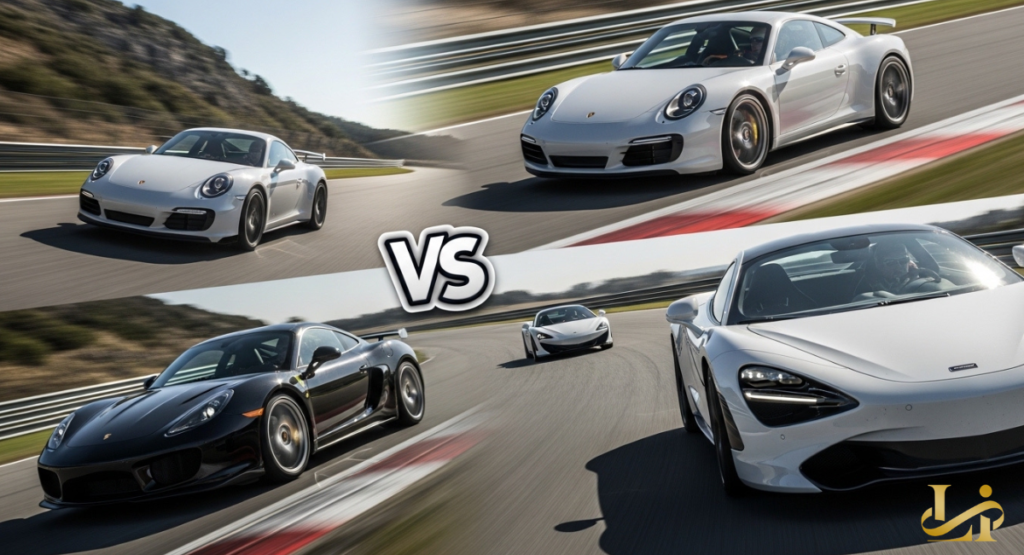 A split-screen diagonal photo collage with two white Porsche 911 GT3s performing high-speed track driving in the top left. The bottom right features a sharp black McLaren Artura and a white McLaren 720S in pursuit. A stylized, three-dimensional 'VS' logo separates the two sections.
