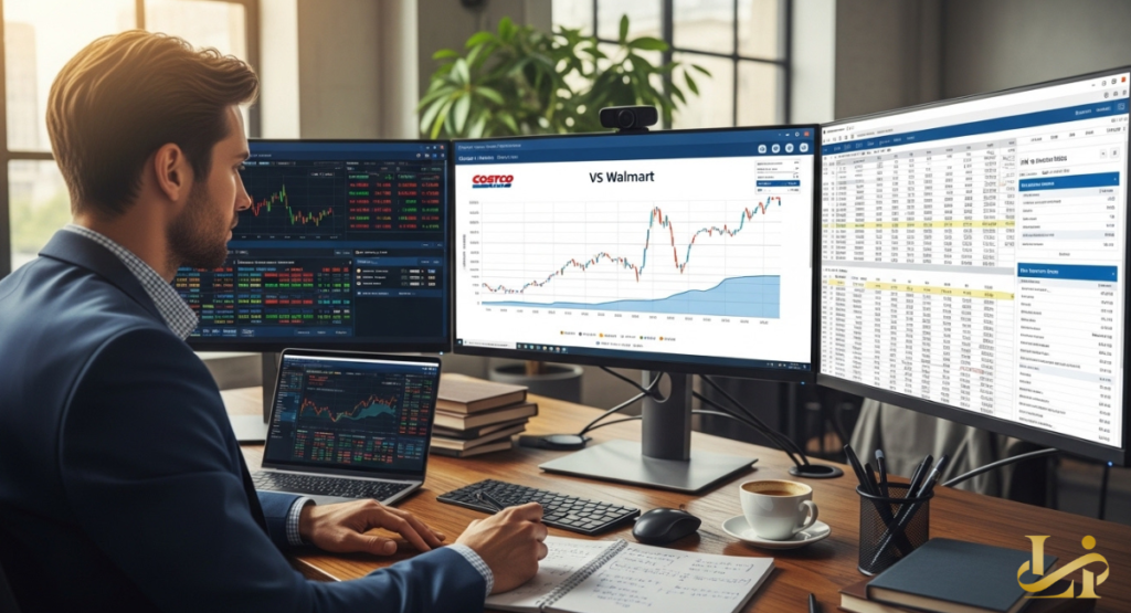 A financial dashboard showing the five-year stock performance and dividend yield comparison for Costco and Walmart.