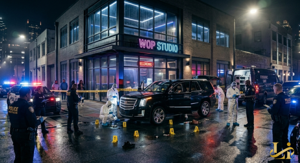 A dramatic recreation of a security incident inside a music studio where individuals are seen reacting to a sudden and dangerous confrontation.