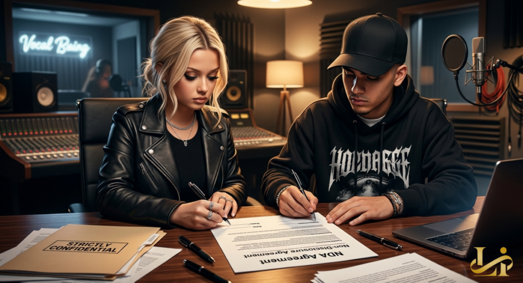 A blonde woman in a leather jacket and a young man in a black hoodie sit at a wooden desk in a recording studio.