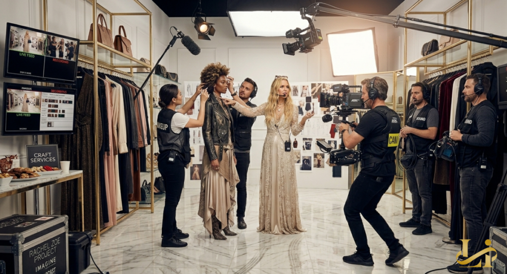 A film crew and a professional stylist work together in a bright studio to adjust a model's outfit and hair. Multiple monitors on the left show live feeds of the production while large cameras on cranes capture the action.