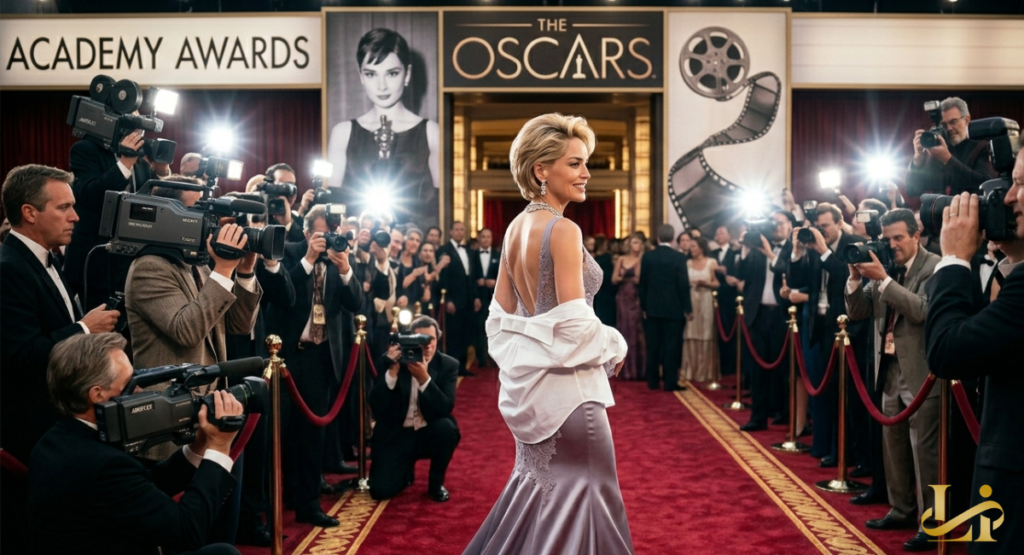 A view from behind of Sharon Stone in a low-back lavender gown and white shirt looking over her shoulder on a crowded red carpet.