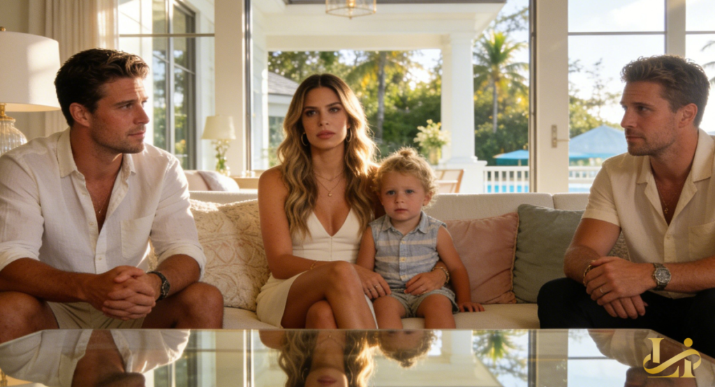 Amanda Batula sits on a bright couch between two men and a small child. Sunlight pours in from patio doors, creating a tense family portrait.