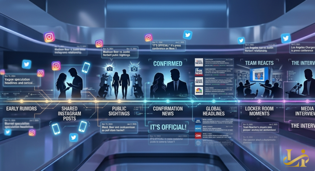 A futuristic holographic timeline displays stages from “Early Rumors” and “Public Sightings” to “CONFIRMED” and “Team Reacts.”
