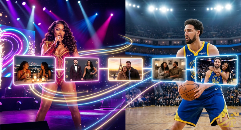 Split screen shows performer on a neon-lit stage and athlete on a basketball court, connected by glowing timeline panels of dinners, red carpets, Paris trips, and arena moments.