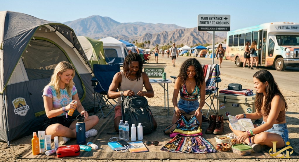 A group of friends laughing and walking toward a colorful art installation with hydration packs and wristbands visible. The bright afternoon sun creates long shadows across the grass.