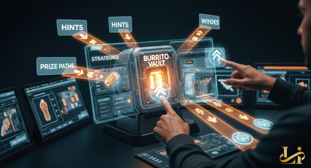 A person taps a holographic Chipotle Burrito Vault console with strategy overlays. Floating labels like “HINTS,” “PRIZE PATHS,” and “WIN DES” guide gameplay.
